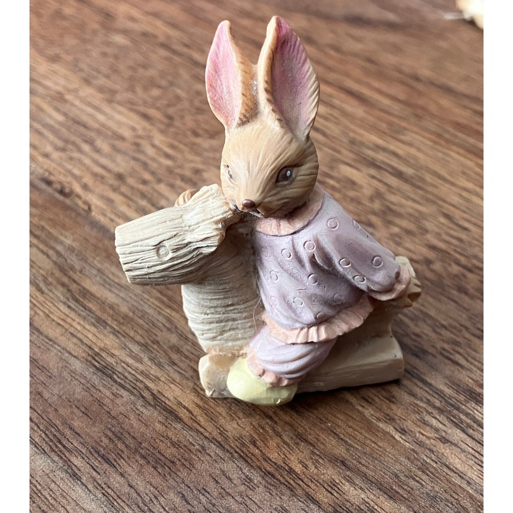 Vintage Miniature Bunny Rabbit Figurine Rocking Horse Pink Pajamas Easter Decor